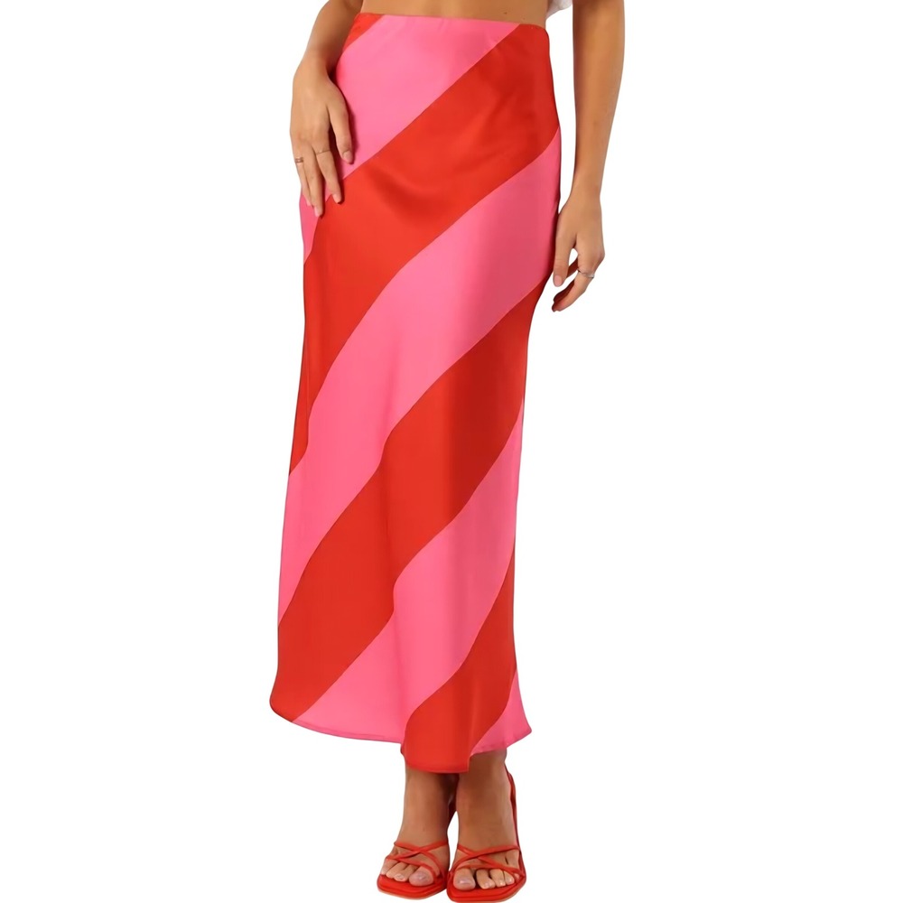 Petal & Pup Kailey Midi Skirt Red Pink Striped Satin High Waist Size L NWT - Picture 2 of 12
